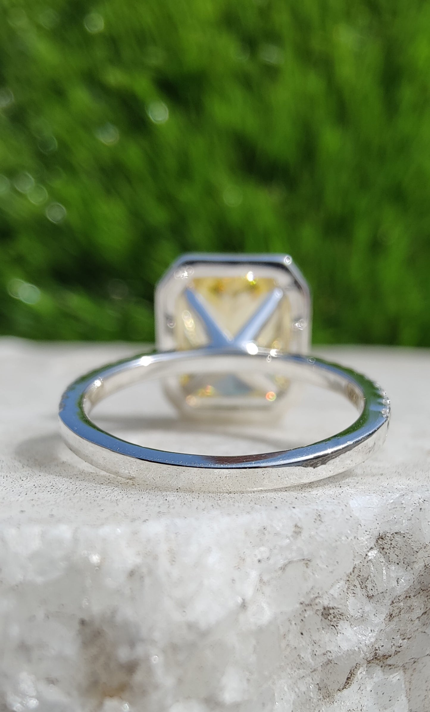 Yellow Sapphire Radiant Cut Simulated Stone With Halo Of Round Moissanite Diamond And Pave Eternity Band, Solid 14K Gold Ring Gift For Her