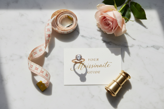 A sparkling moissanite solitaire engagement ring on a woman's hand with warm golden bokeh background