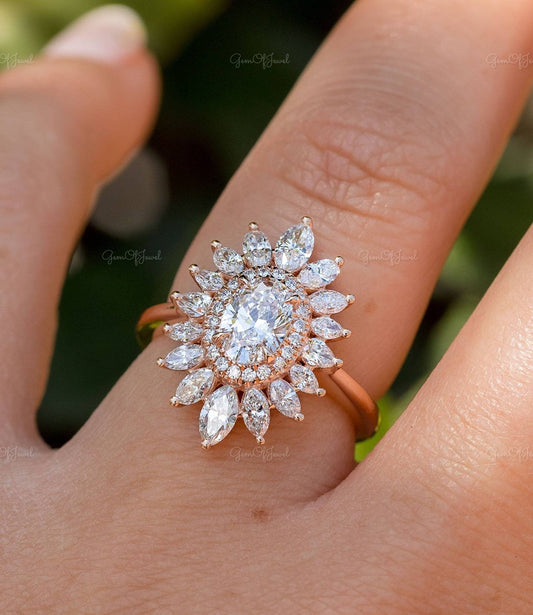 Oval Moissanite Diamond With Marquise Diamonds Flower Shape Halo Ring, Oval Moissanite Diamond With Pear Moissanite Ring, Butterfly Ring