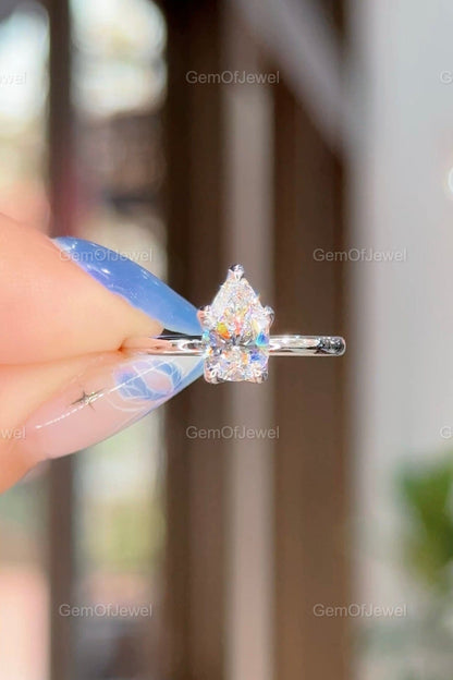 Pear Moissanite Diamond Tulip Prong Engagement Ring, Petal Prong 1CT Pear Solitaire Moissanite Ring For Her, Pear Moissanite Diamond Ring