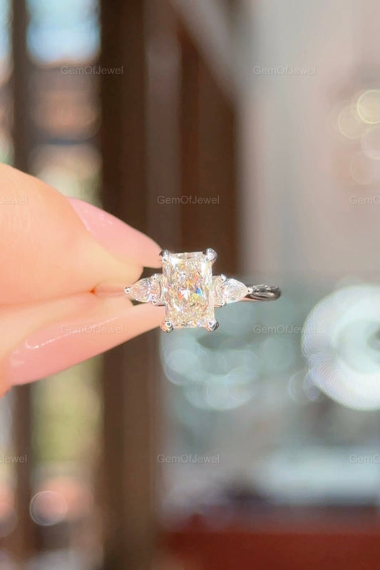 1CT Radiant Three Stone Diamond Wedding Ring, Radiant Moissanite Engagement Ring With Side Pear Diamond Ring, 1CT Radiant Moissanite Ring