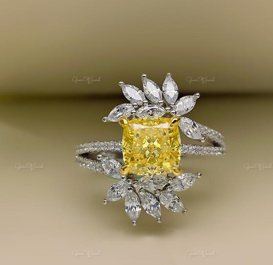 Flower Shape Yellow Sapphire Cushion Cut Simulated Stone With Halo Of Marquise Moissanite Diamond Unique Band ,Marquise Moissanite Diamond