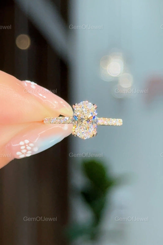 1CT Moissanite Diamond Engagement Ring, Oval Cut With Side Stones And Hidden Halo Diamond Ring, Oval Moissanite Diamond Anniversary Ring