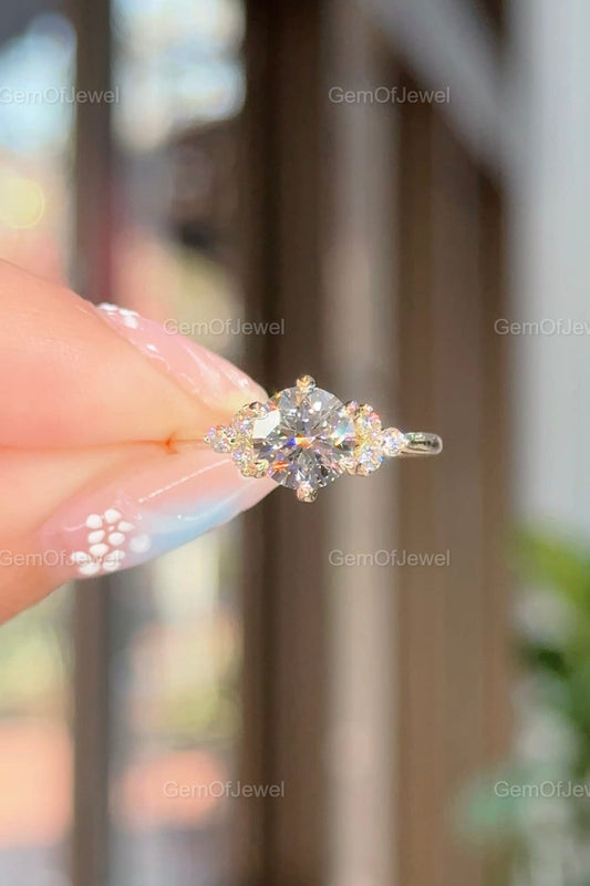 1.2CT Round Moissanite Ring With Side Round Diamonds, Cluster Setting Engagement Ring, Round Moissanite Diamond Gold Ring Gift For Her