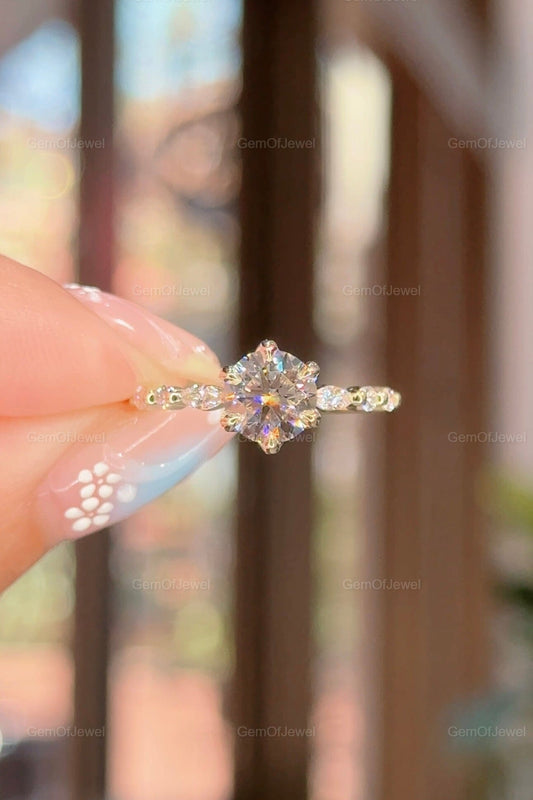1CT Round Diamond Moissanite Engagement Ring, Lotus Prong With Side Stone Marquise And Round Diamond Bubble Band, Petal Prong Diamond Ring