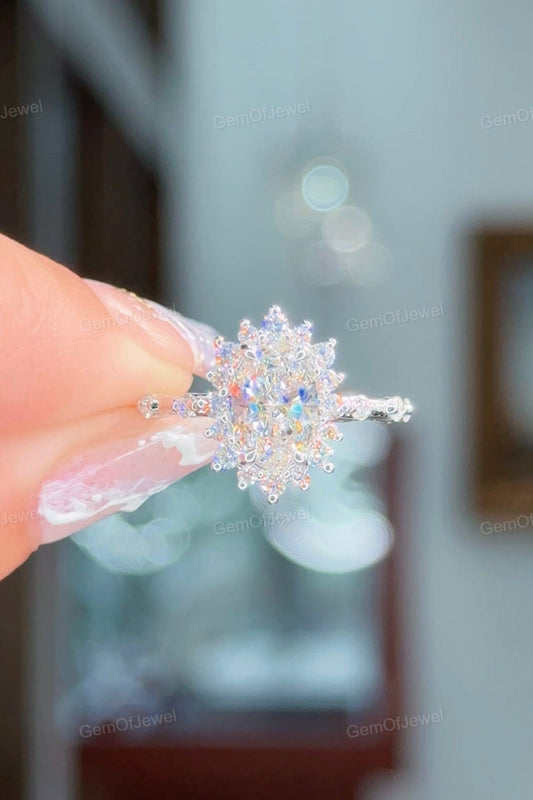 Oval Moissanite Diamond Ring, Flower Halo With Floating Bubble Diamonds Ring, Cluster Halo Pave Set Diamonds Ring, Oval Moissanite Ring