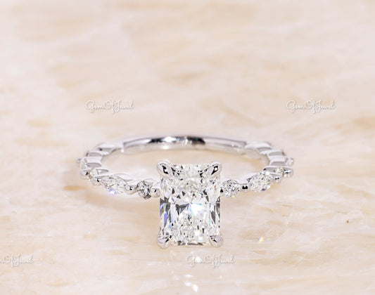 Radiant Cut Diamond Moissanite Diamond Engagement Ring With Round And Marquise Alternate Diamond On Eternity Band, Radiant Diamond Ring