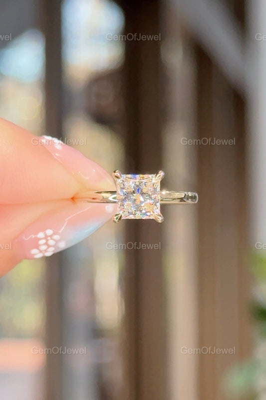 Princess Cut Moissanite Engagement Ring, Solitaire Square Wedding Ring Yellow Gold Unique Bridal Jewelry, 1CT Princess Cut Diamond Ring