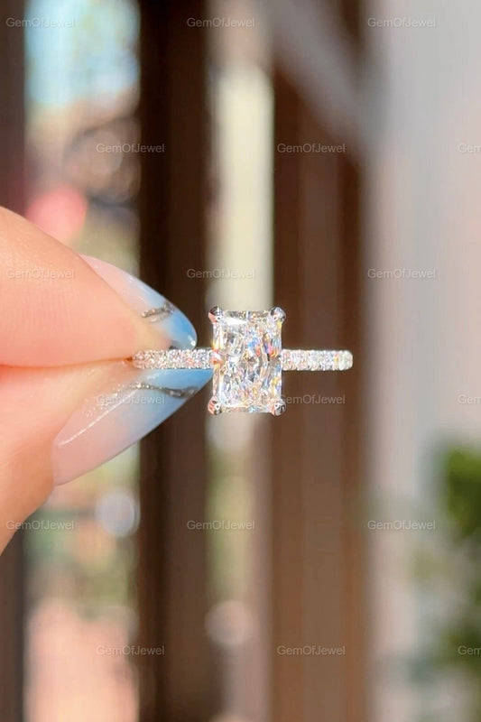 Radiant Moissanite Diamond With Halo Of Round Moissanite Diamond Ring For Her Or Engagement Ring, Radiant Moissanite Diamond Ring For Her