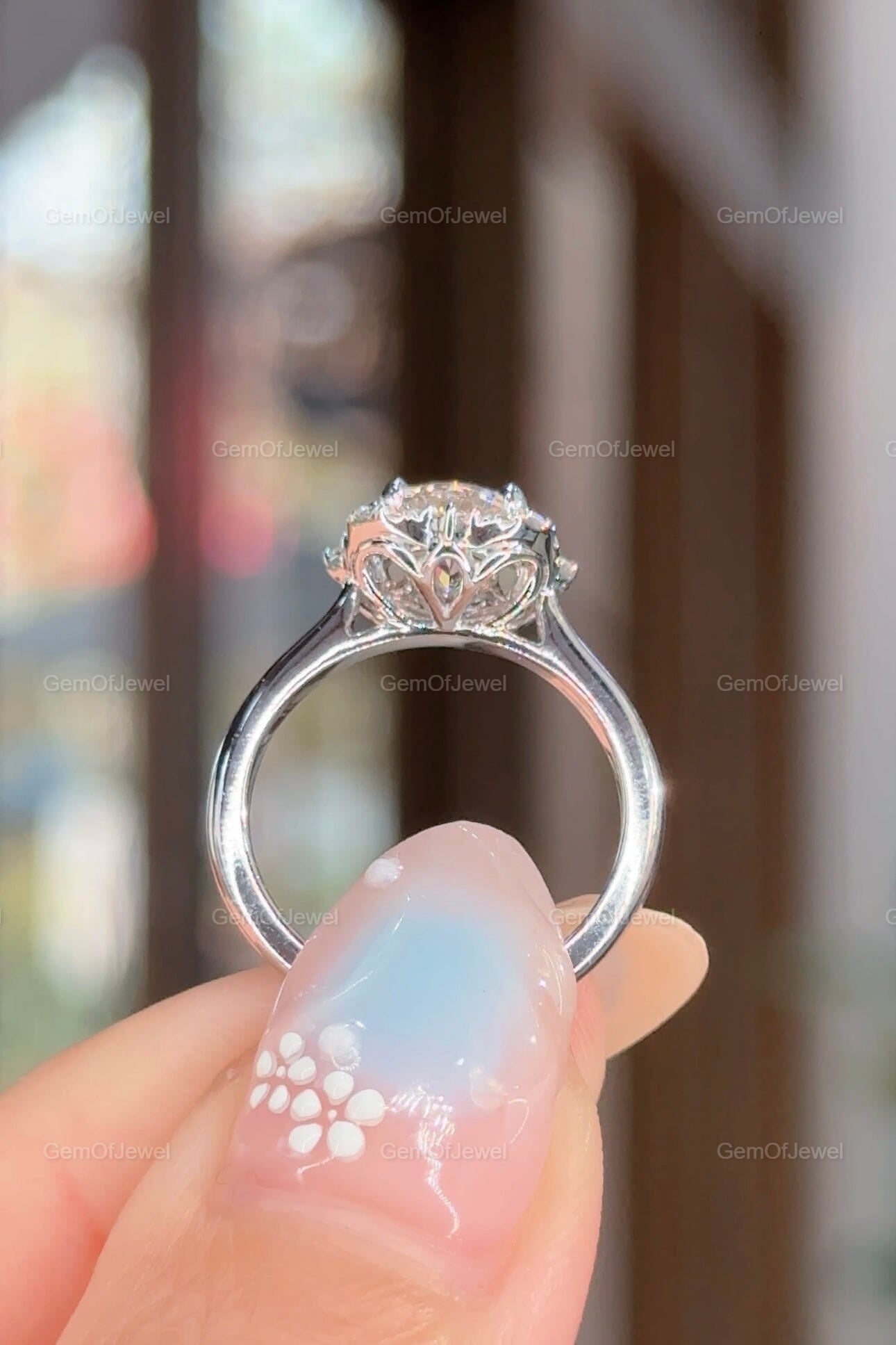 Round Moissanite Diamond 1.50CT Diamond With Flower Shape Halo of Round Moissanite Engagement Ring, With Lotus Prong Halo Diamond Ring