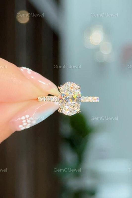 2CT Oval Cut Moissanite Diamond Ring With Hidden Halo And Round Pave Set Eternity Diamonds Wedding Band, Oval Diamond Engagement Ring