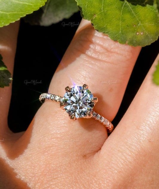 1.5CT Round Moissanite Diamond Engagement Ring With Six Lotus Prong With Diamond Diamond Prong With Pave Eternity Diamond Ring For Her