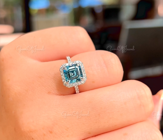 Ascher Cut Blue Lab Diamond Halo Ring, Blue Diamond Asscher Cut Ring With Halo And Side Round Moissanite Gold Ring, Blue Color Diamond Ring
