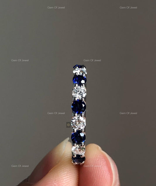 Round Moissanite Diamond Full Eternity Bubble Band With Blue Sapphire Lab Diamond Wedding Matching Band, Blue Sapphire Diamond Band For Her