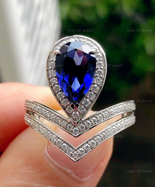 Blue Sapphire Pear Lab Simulated Diamond Ring, Curved Band Ring, Pear Lab Diamond Ring, Split Shank Lab Blue Sapphire Diamond Ring For Her