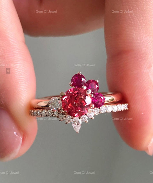 Red Ruby Sapphire Diamond Ring With Pink Sapphire Stone Ring With Moissanite Diamond Matching Band, Round Diamond Bridal Ring With Band Set