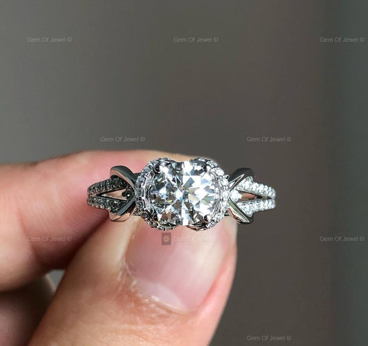 1CT Round Moissanite Diamond Infinity Inspired Unique Setting Wedding Ring With Pave Diamond For Her, Moissanite Round Diamond Ring For Her