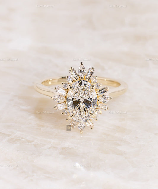 1CT Oval Moissanite Diamond With Flower Halo OF Round Baguette And Marquise Moissanite Diamond Ring For Her, Flower Shape Moissanite Ring