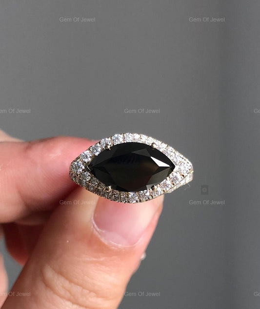 Black Moissanite Diamond Marquise Black Moissanite Diamond Ring, Black Color Diamond Ring, Black Moissanite Engagement Ring For Her