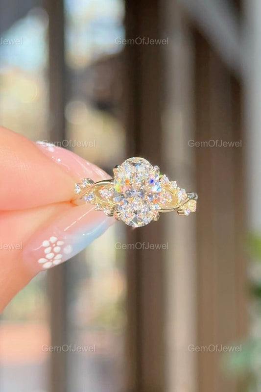 2CT Oval Cut Moissanite Solitaire Petal Prong Ring in 14k Gold, Twisted & Split Shank Tulip Prong Design, Lotus Petal Engagement Ring