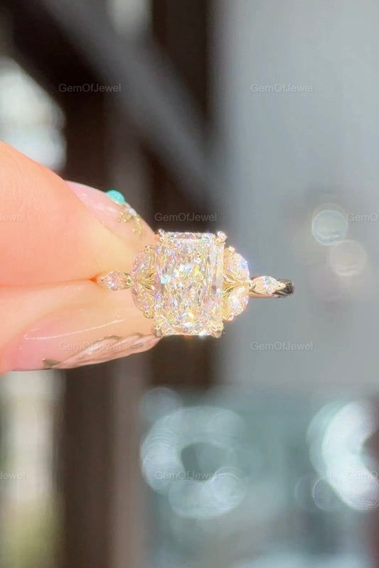 2.5CT Radiant Cut Moissanite Diamond Ring With Side Marquise Moissanite Diamond Ring, Flower Design Ring, Floral Moissanite Radiant Ring