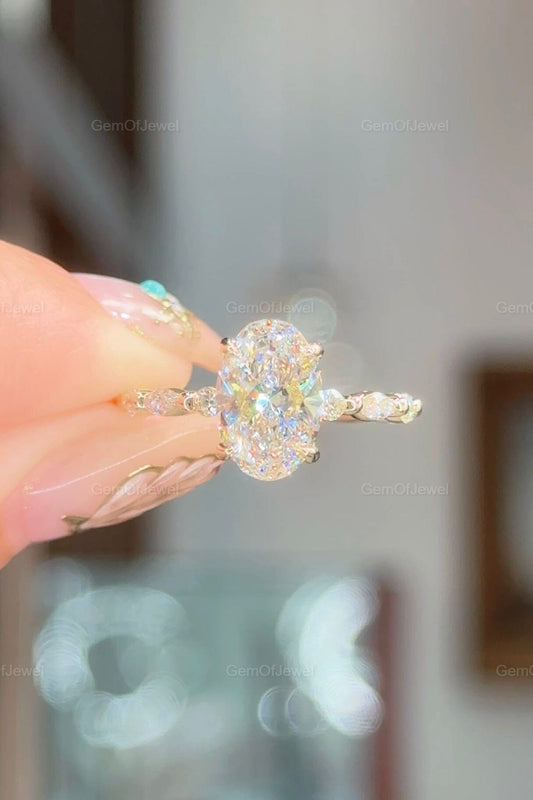 2ct Oval Moissanite Diamond Engagement Ring With Side Stone Marquise And Round Moissanite 14K Gold Hidden Halo Ring, Oval Bubble Band Ring