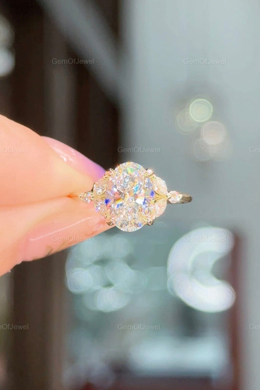 2CT Oval Moissanite Engagement Ring Vintage Style Engagement Ring, 14K Gold Diamond Ring With Side Marquise And Round Cut Moissanite Diamond