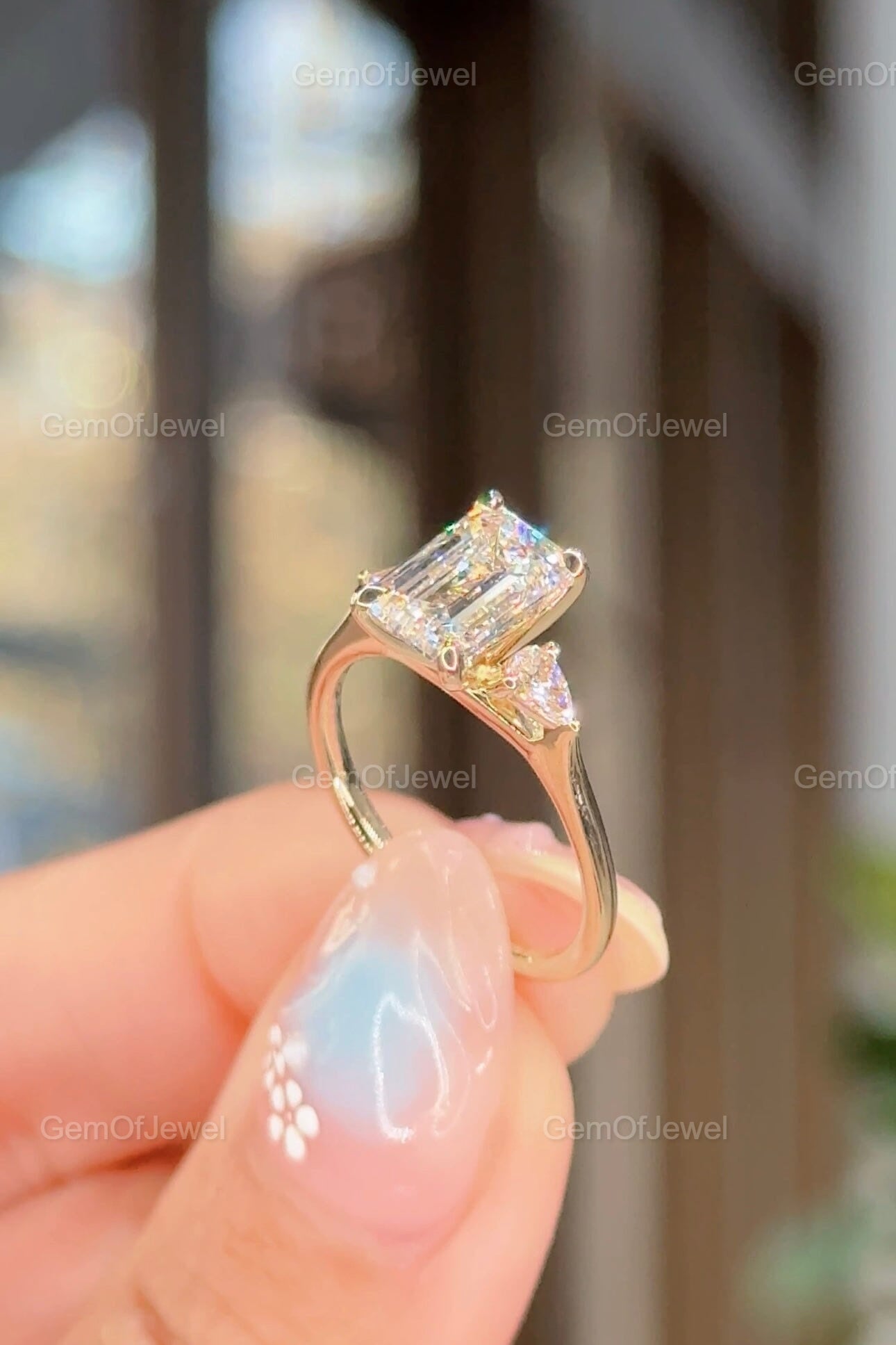 Emerald Moissanite Diamond 3 Stone Emerald Diamond With Side Pear Moissanite Diamonds Engagement Ring For Her, 1.8ct Emerald Diamond Ring
