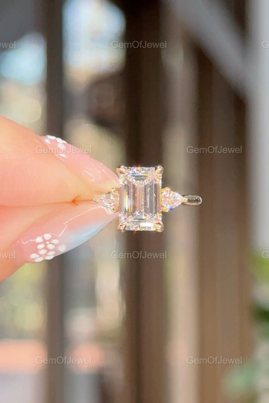 Emerald Moissanite Diamond 3 Stone Emerald Diamond With Side Pear Moissanite Diamonds Engagement Ring For Her, 1.8ct Emerald Diamond Ring