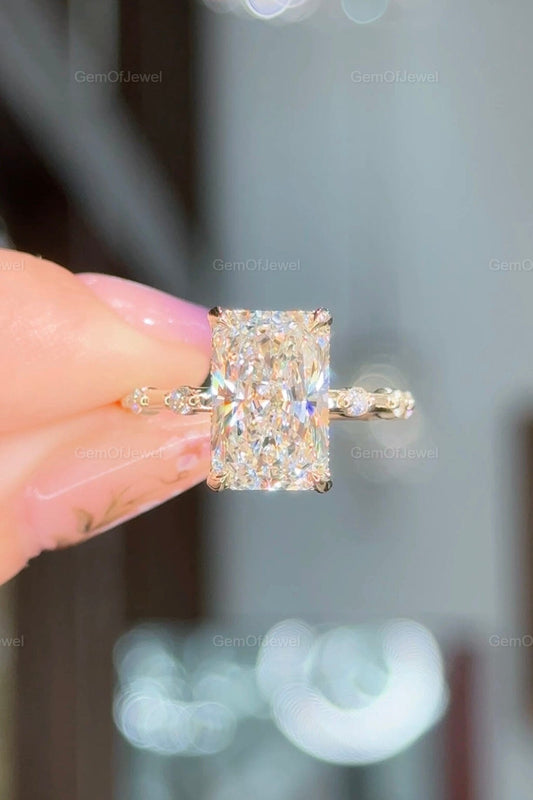 Radiant Diamond Moissanite Vintage Ring With Halo Of Round Moissanite Diamond And Bubble Design Band, Radiant Moissanite Vintage Halo Ring