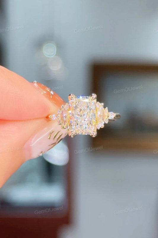 Radiant Cut Moissanite Diamond Ring With Side Marquise To Round Moissanite Diamond Ring, Flower Design Ring, Floral Moissanite Radiant Ring
