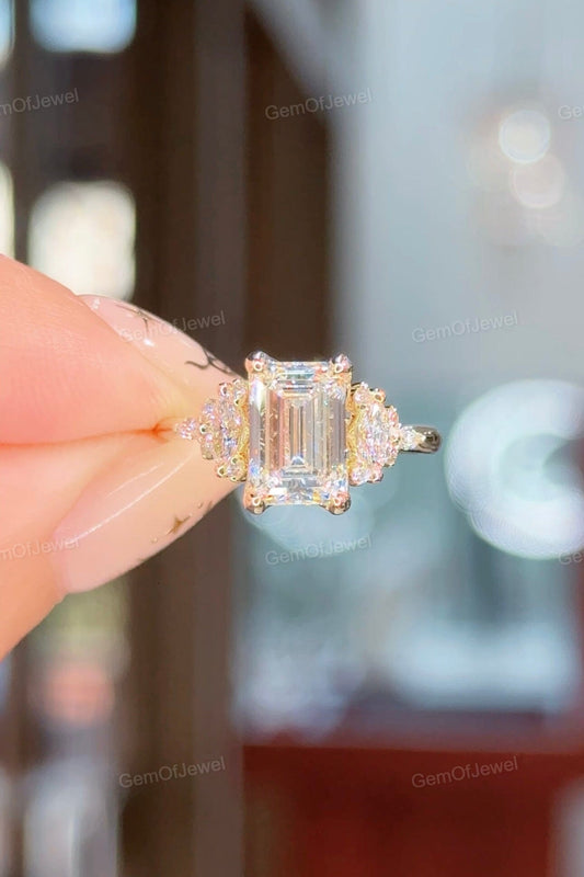 Emerald Cut Moissanite Ring with Marquise & Round Side Stones, Floral Flower Design, Elegant Bridal Jewelry, 2.5CT Emerald Diamond Ring Gift