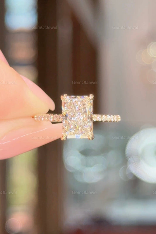Radiant Moissanite 2.50 Ct Tulip Prong Engagement Ring, 14K Solid Gold Radiant Ring, Lotus Prong Radiant Diamond Ring With Diamond On Bridge