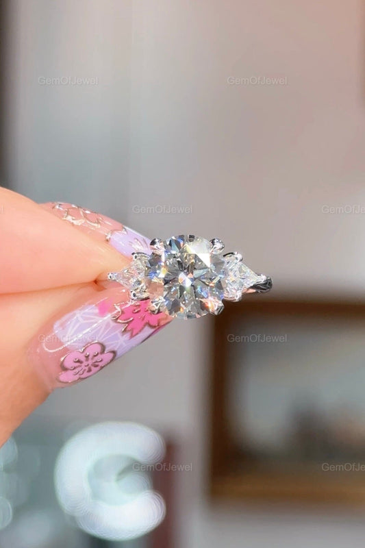 2.5CT Round Brilliant Cut Colorless Moissanite Ring, Side Triangle Diamond Three Stone Engagement Ring, Claw Prong Round Ring, 3 Stone Ring