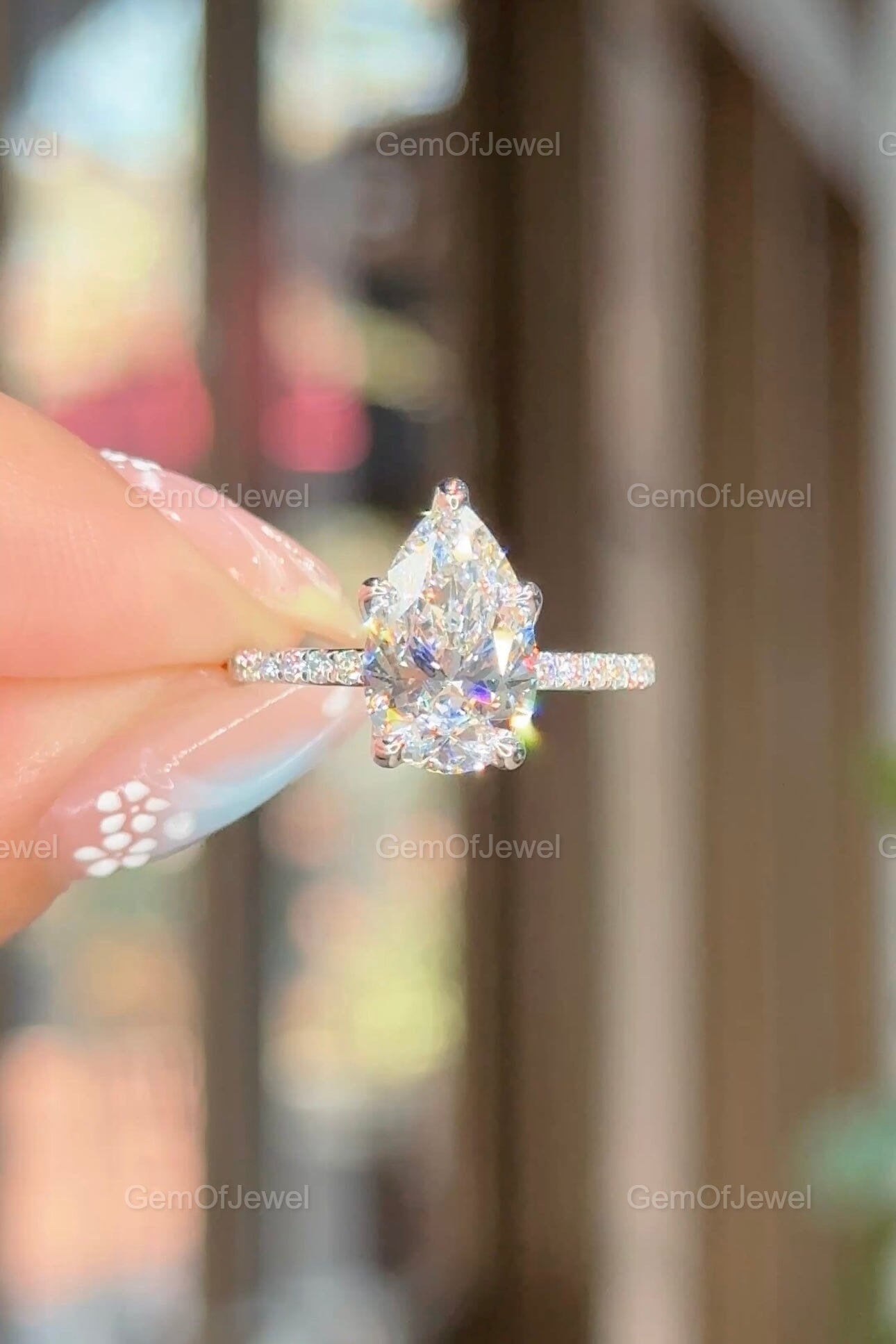 3CT Pear Moissanite Engagement Ring, Lotus Prong With Pave Diamond Eternity Band And Pear Cut Moissanite Ring, 3CT Pear Anniversary Gift