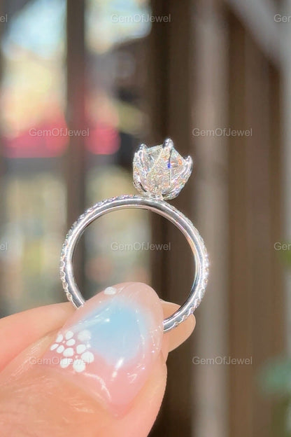 3CT Pear Moissanite Engagement Ring, Lotus Prong With Pave Diamond Eternity Band And Pear Cut Moissanite Ring, 3CT Pear Anniversary Gift
