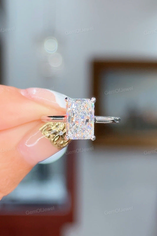 Radiant Moissanite Diamond Engagement Tension Set Ring, Petal Prong With Open Gap Setting With Hidden Halo Diamond Ring, Tension Set Ring