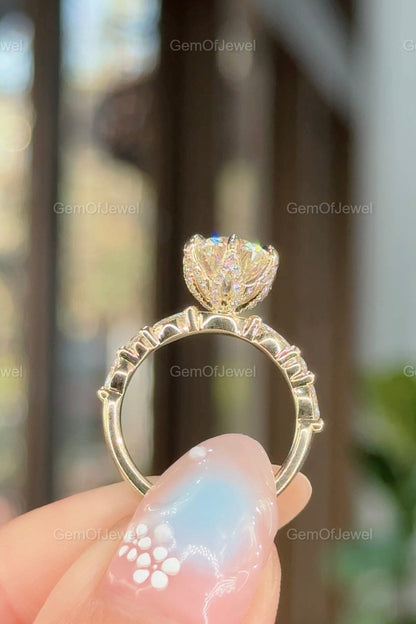 Round Moissanite Ring, Petal Prong Of Moissanite Diamonds Ring, With Side Stone Marquise And Round Moissanite Diamond And Bubble Design Band