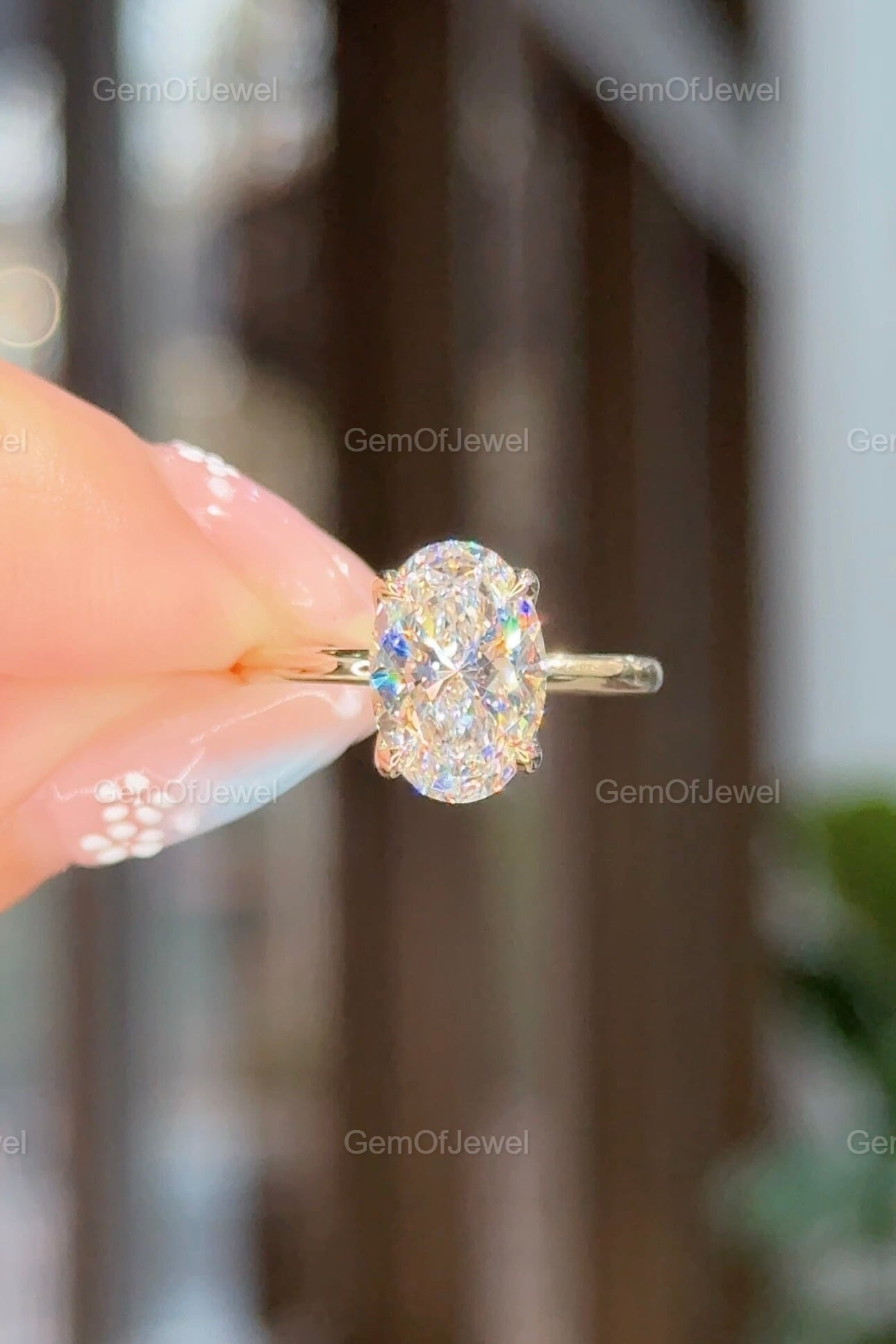 Oval Moissanite With Diamond Engagement Ring, Lotus Prong 2CT With Solitaire Band, Four Petal Prong Bridal Ring, 2CT Oval Cut Diamond Ring