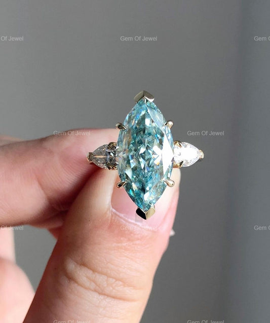 Marquise Green Moissanite Diamond Ring, Three Stone Marquise Moissanite Diamond Fancy Ring For Her, Green Moissanite Engagement Diamond Ring