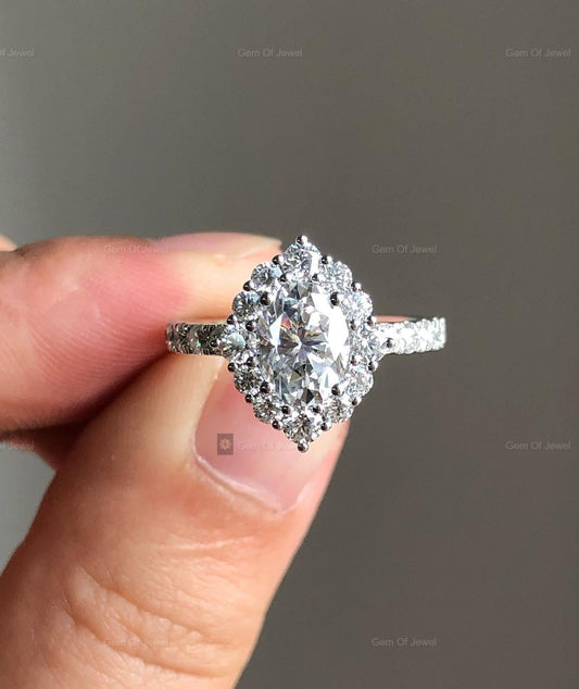 1CT Oval Moissanite Diamond With Halo Of Round Moissanite Diamond And Diamond On Bridge Ring For Her, Oval Moissanite Diamond Ring For Her