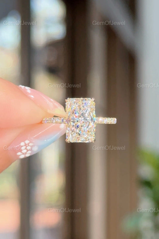 3CT Radiant Moissanite Engagement Ring With Hidden Halo And Pave Eternity Band, Stunning Radiant Diamond Halo Ring, Radiant Moissanite Ring