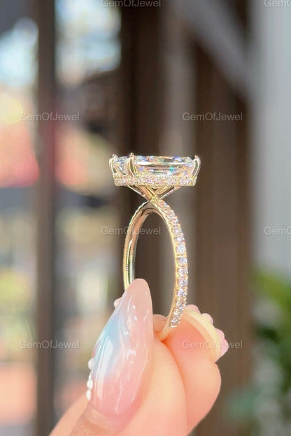 3CT Radiant Moissanite Engagement Ring With Hidden Halo And Pave Eternity Band, Stunning Radiant Diamond Halo Ring, Radiant Moissanite Ring