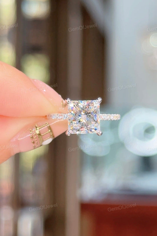 Princess Moissanite 3CT Diamond Ring With Hidden Halo And Pave Eternity Band Ring, Princess Diamond Ring, Princess Moissanite Diamond Ring