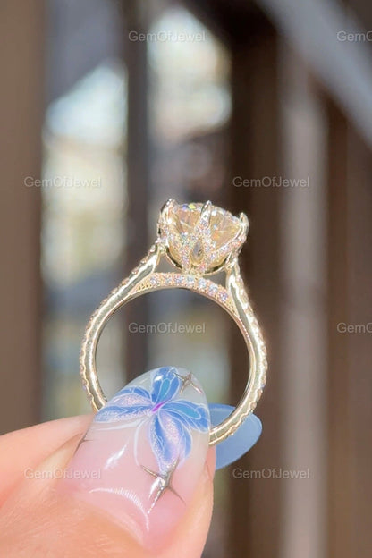 3CT Round Diamond Moissanite Engagement Ring, Petal Prong Of Moissanite Diamonds Ring, With Pave Eternity And Diamonds On The Bridge Ring