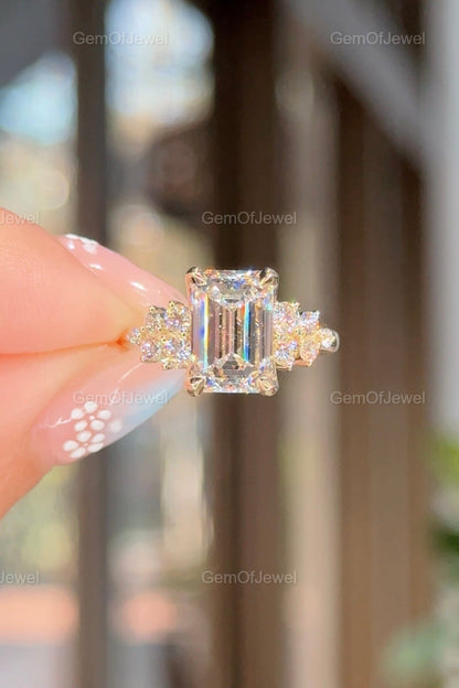 3CT Emerald Diamond Moissanite Ring With Side Round Moissanite Diamond, 3CT Diamond Ring For Her, Cluster Setting Ring, 3CT Emerald Ring
