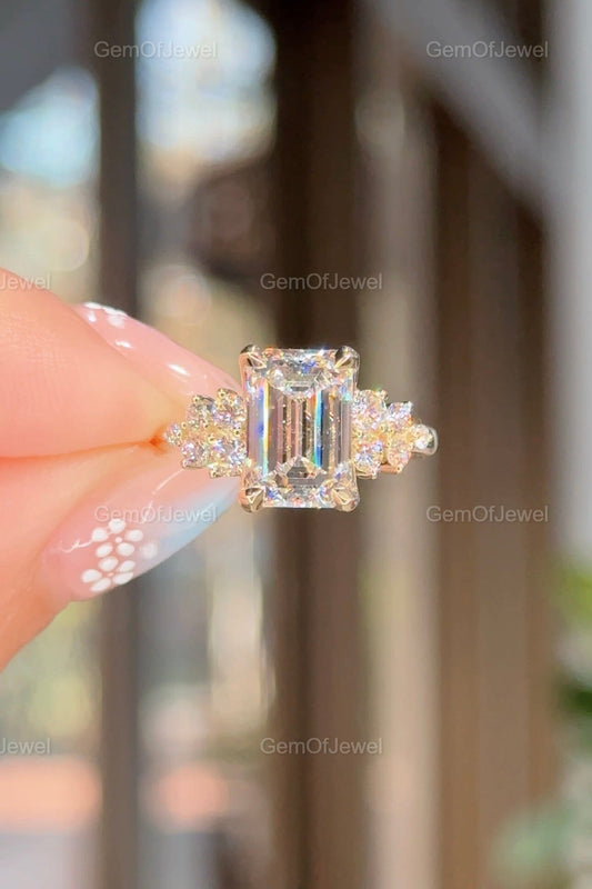 3CT Emerald Diamond Moissanite Ring With Side Round Moissanite Diamond, 3CT Diamond Ring For Her, Cluster Setting Ring, 3CT Emerald Ring