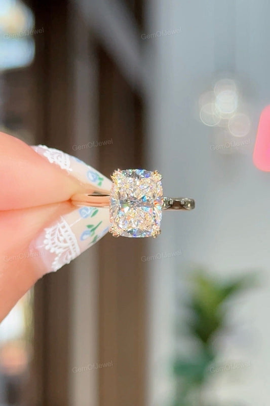 Cushion Moissanite Diamond Engagement Ring with Hidden Halo And Double Claw Prong Ring With Round Moissanite Ring, 3CT Diamond Ring
