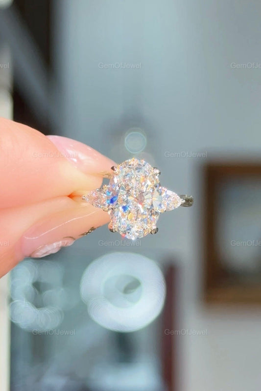 3CT Oval Three Stone Diamond Wedding Ring, Oval Moissanite Engagement Ring With Side Pear Diamond Ring, 3CT Oval Moissanite Three Stone Ring