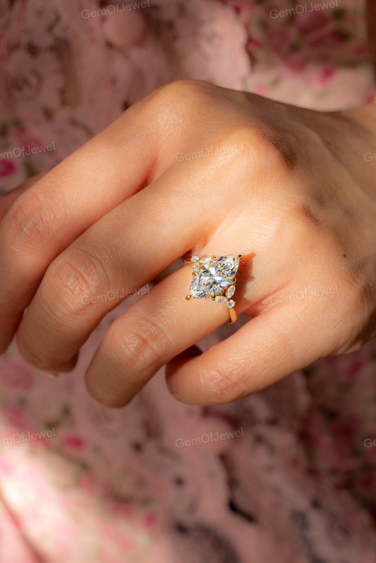 2.50CT Marquise Moissanite Diamond Ring for Her, Cluster Setting with Side Round Diamonds, Marquise Moissanite Diamond Engagement Ring Gift